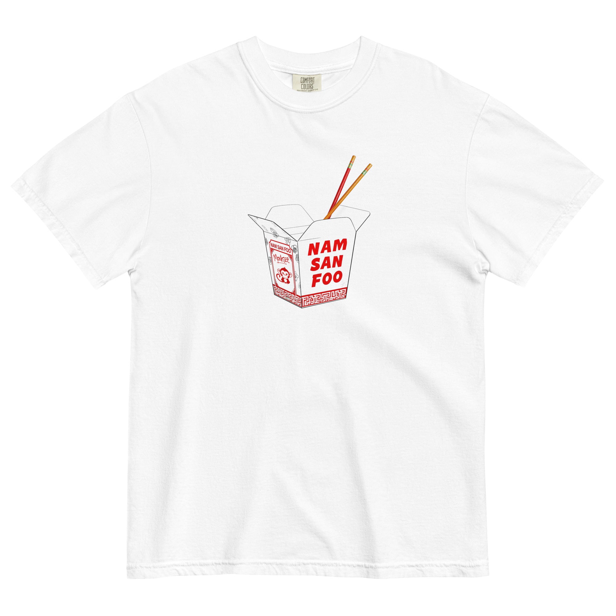 Monksee White t-shirt with a 'Nam San Foo' box and chopsticks graphic on a white background