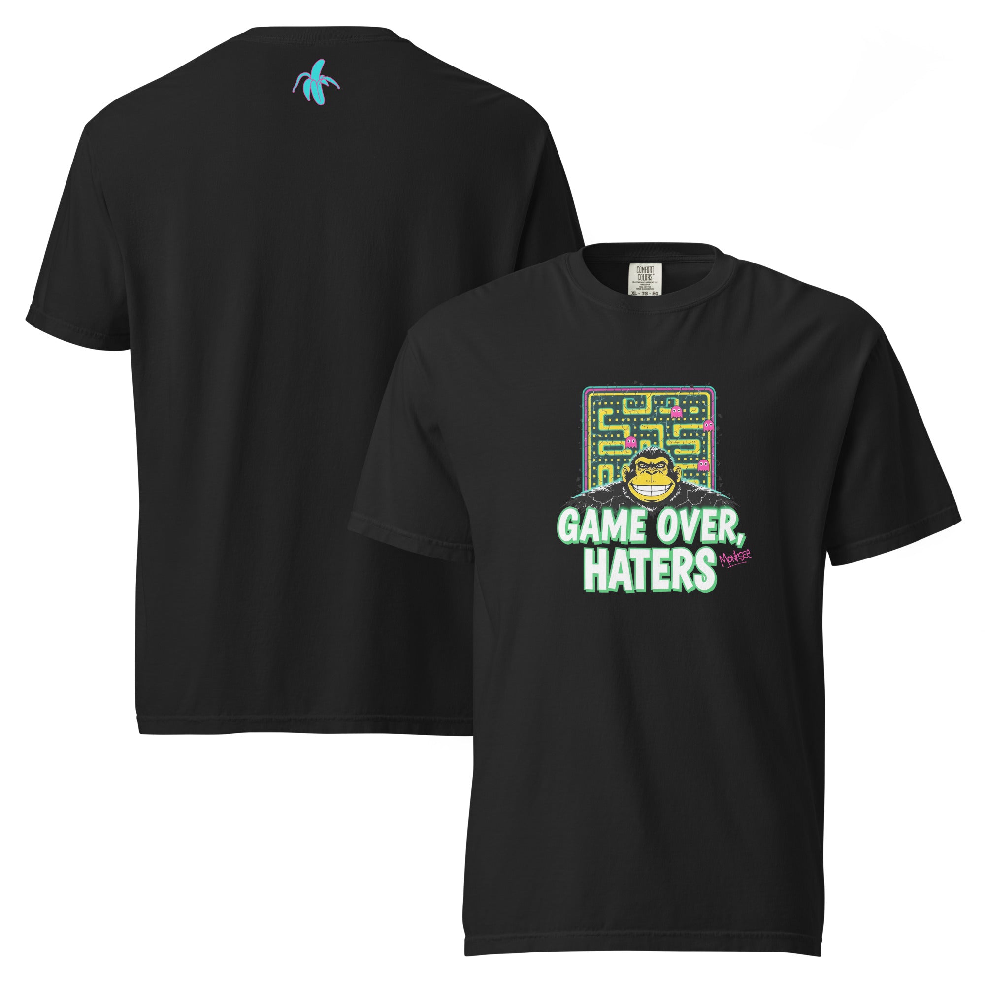 Monksee black garment-dyed T-shirt with Pac-Man-inspired monksee graphic and Game Over Haters text, showcasing a retro 80s design front and back
