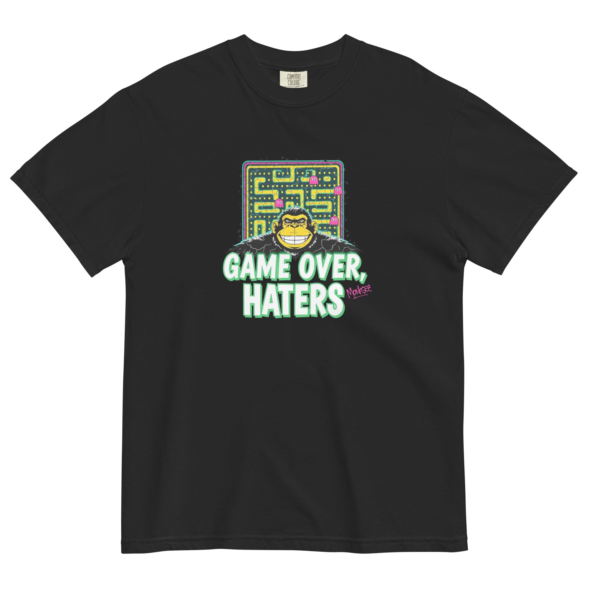 Monksee black garment-dyed T-shirt with Pac-Man-inspired monksee graphic and Game Over Haters text, showcasing a retro 80s design front laid flat on white background