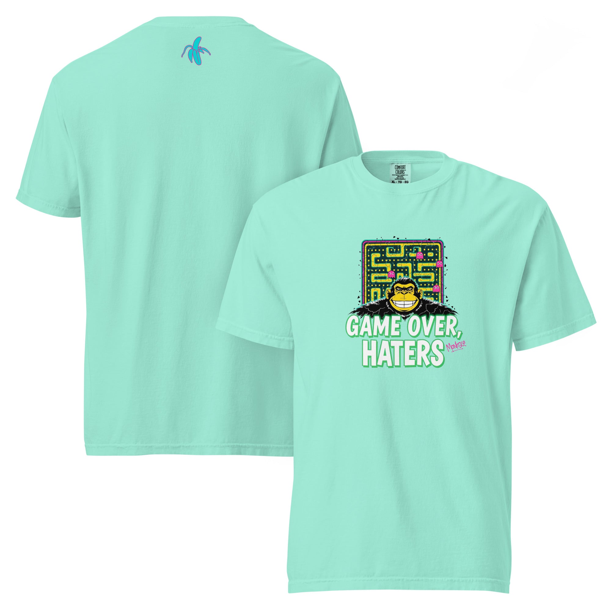 Monksee chalky mint garment-dyed T-shirt with Pac-Man-inspired monksee graphic and Game Over Haters text, showcasing a retro 80s design front and back