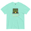 Monksee chalky mint garment-dyed T-shirt with Pac-Man-inspired monksee graphic and Game Over Haters text, showcasing a retro 80s design front laid flat on white background