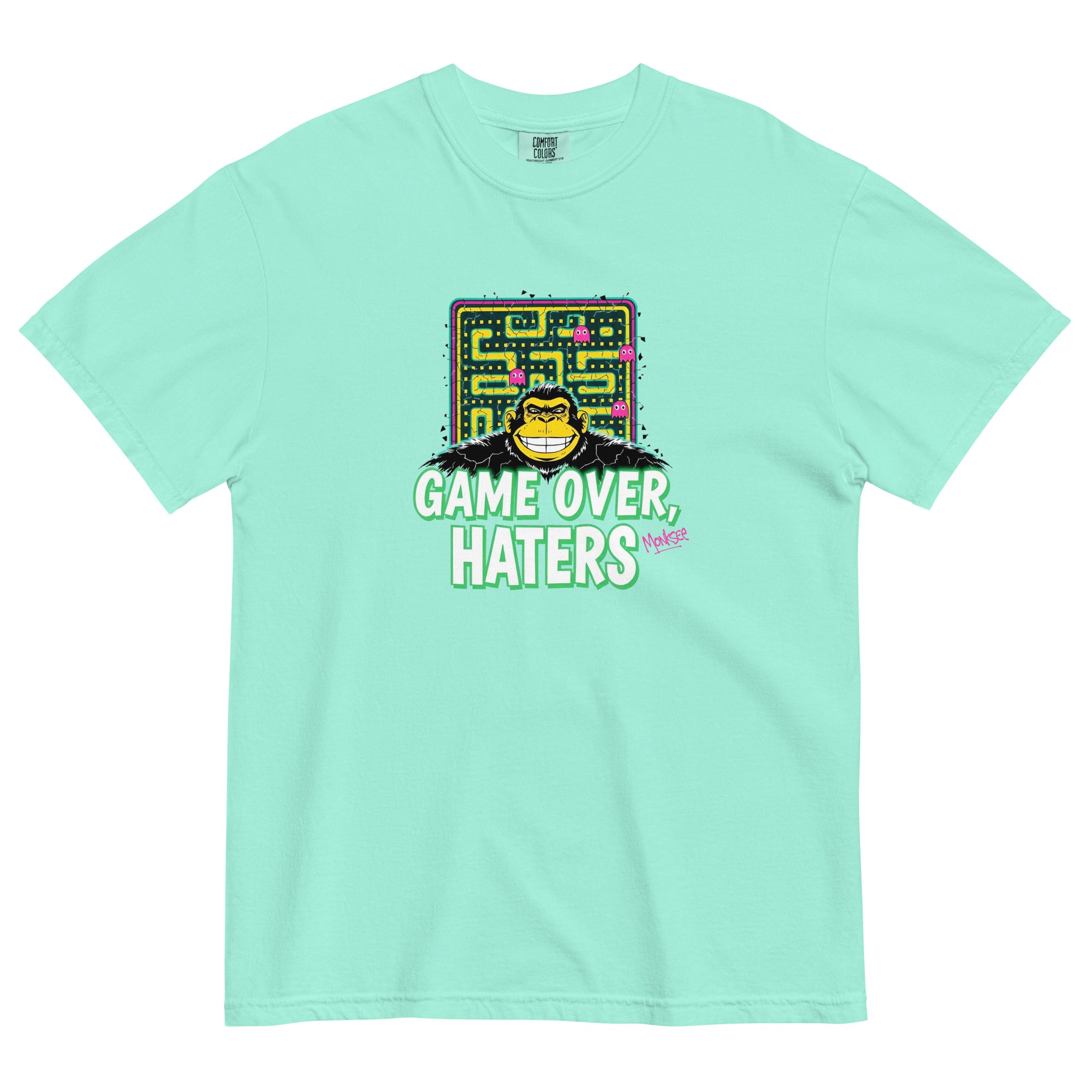 Monksee chalky mint garment-dyed T-shirt with Pac-Man-inspired monksee graphic and Game Over Haters text, showcasing a retro 80s design front laid flat on white background