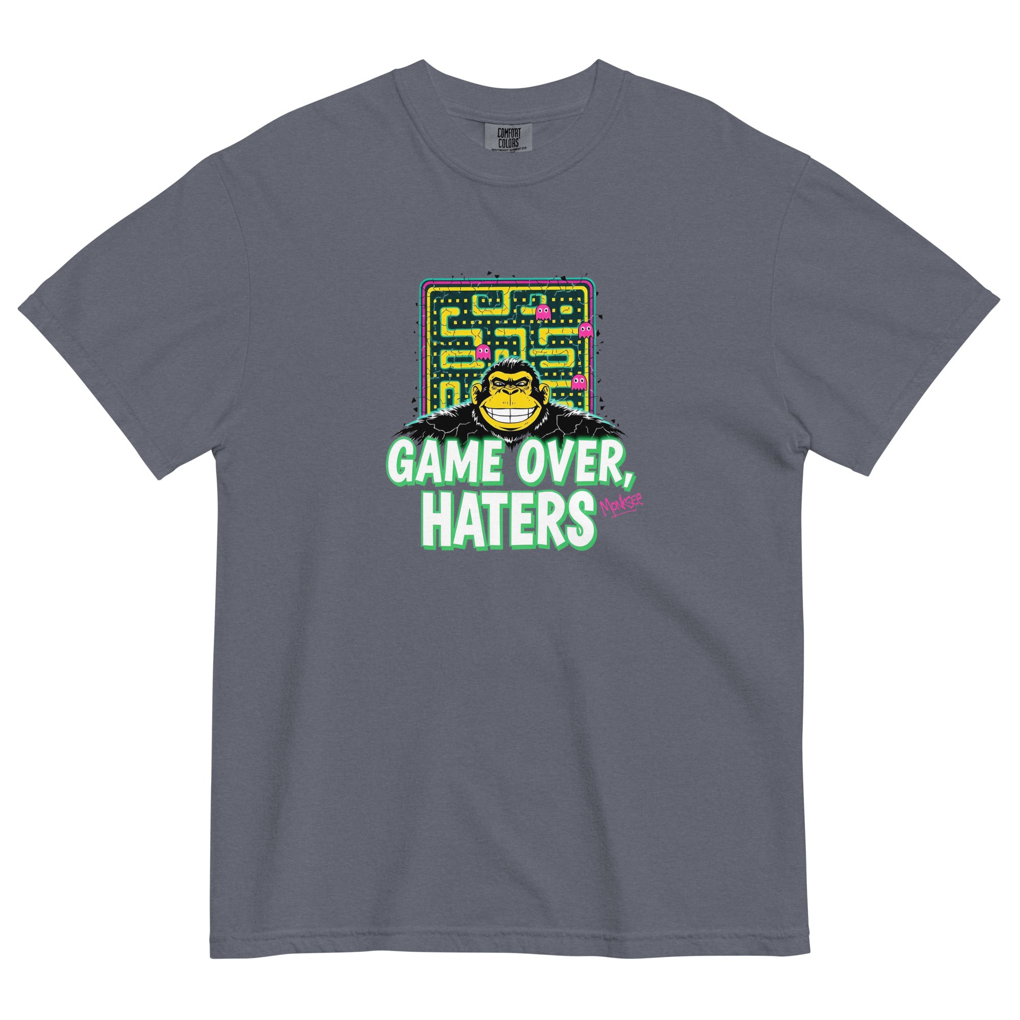 Monksee denim garment-dyed T-shirt with Pac-Man-inspired monksee graphic and Game Over Haters text, showcasing a retro 80s design front laid flat on white background