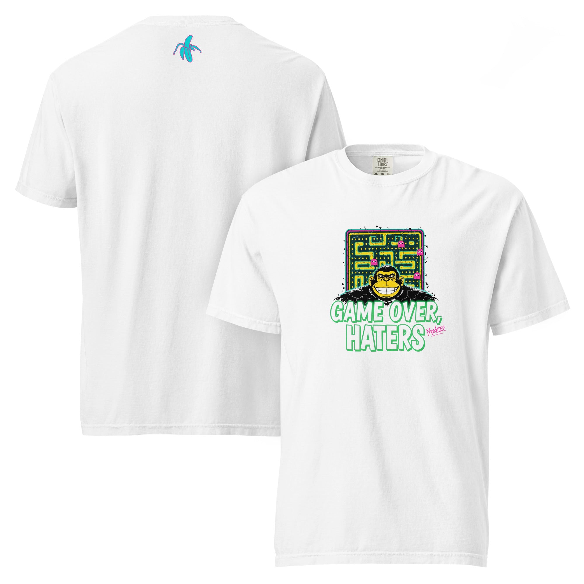 Monksee white garment-dyed T-shirt with Pac-Man-inspired monksee graphic and Game Over Haters text, showcasing a retro 80s design front and back