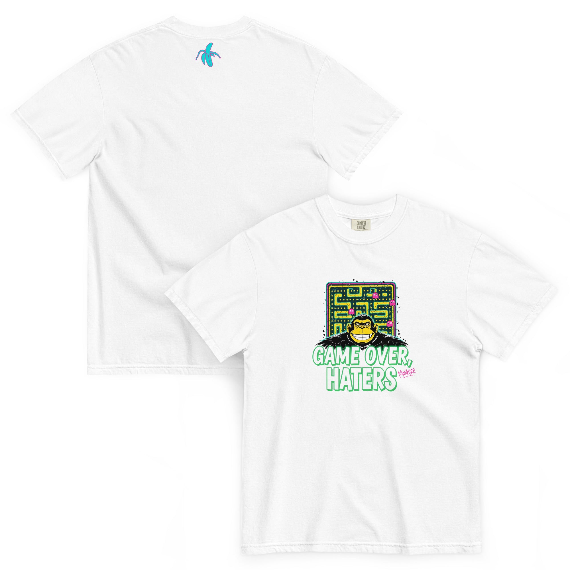 Monksee white garment-dyed T-shirt with Pac-Man-inspired monksee graphic and Game Over Haters text, showcasing a retro 80s design front and back