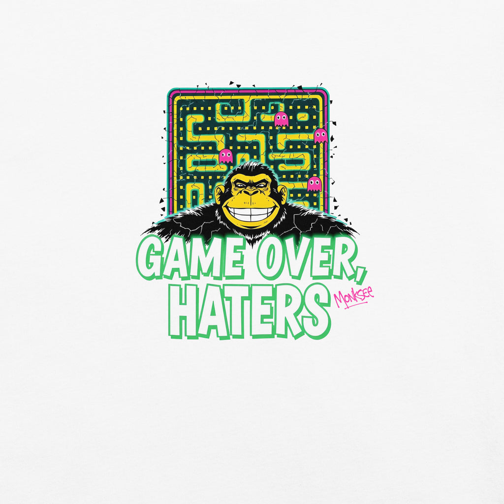 Monksee white garment-dyed T-shirt with Pac-Man-inspired monksee graphic and Game Over Haters text, showcasing a retro 80s design close up of front design