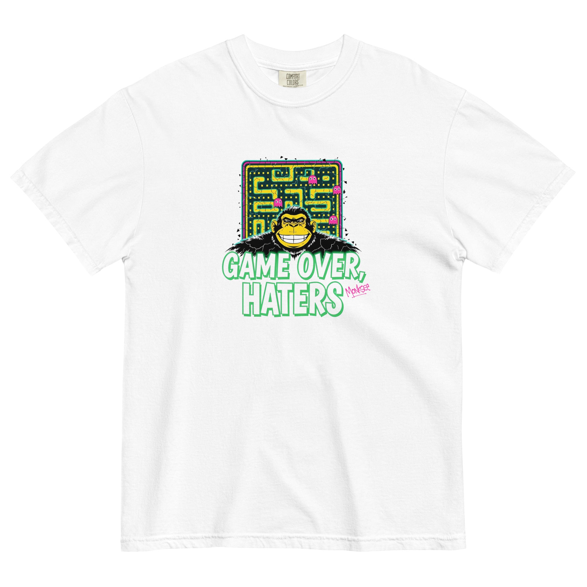 Monksee white garment-dyed T-shirt with Pac-Man-inspired monksee graphic and Game Over Haters text, showcasing a retro 80s design front laid flat on white background