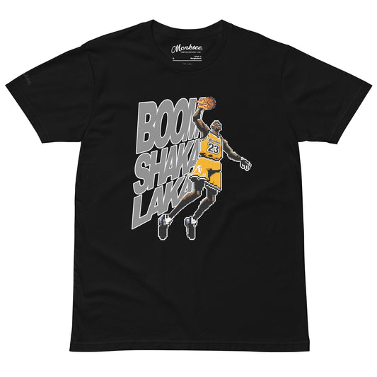 Monksee boomshakalaka black premium tshirt front on white background