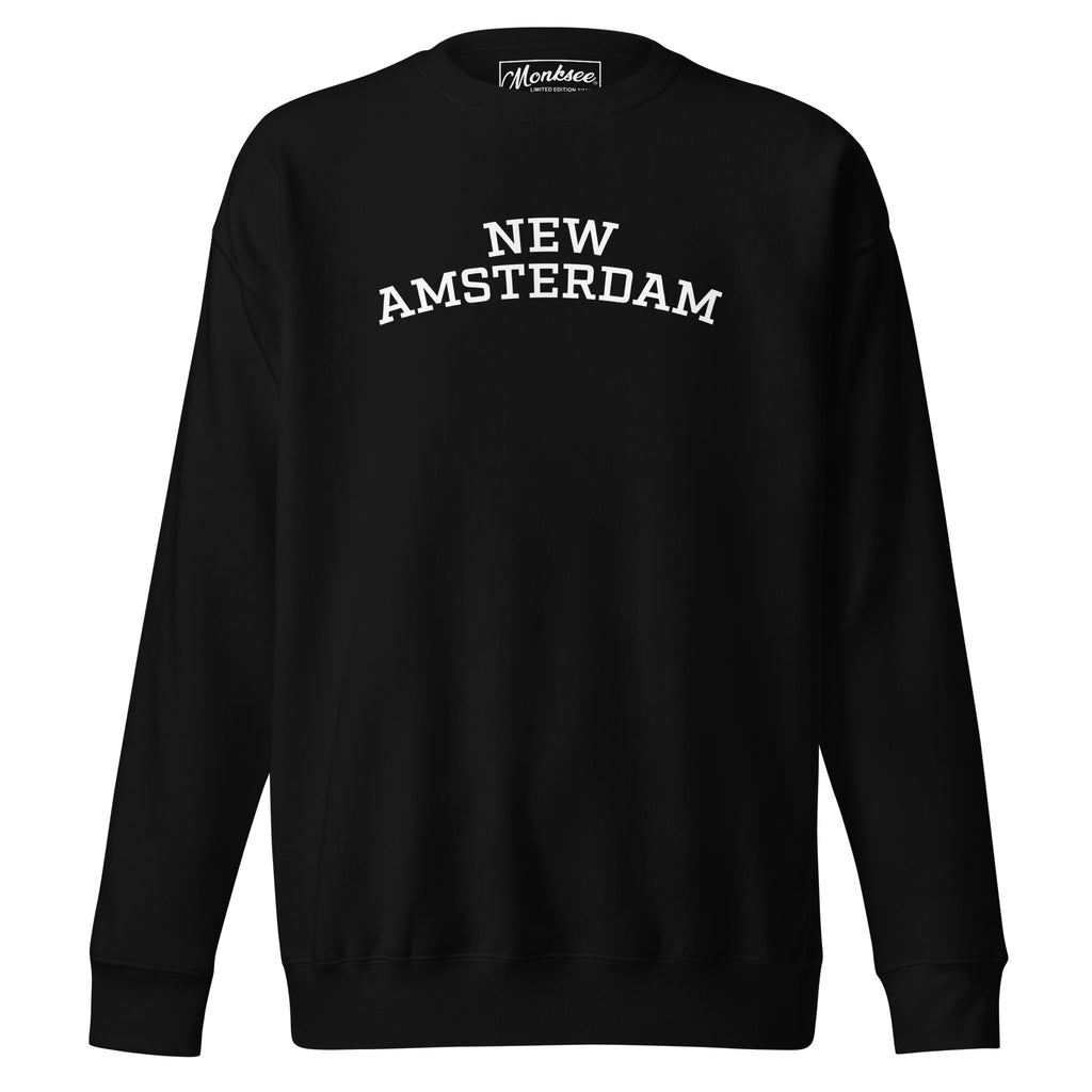 Black Monksee sweatshirt with 'New Amsterdam' text on a white background