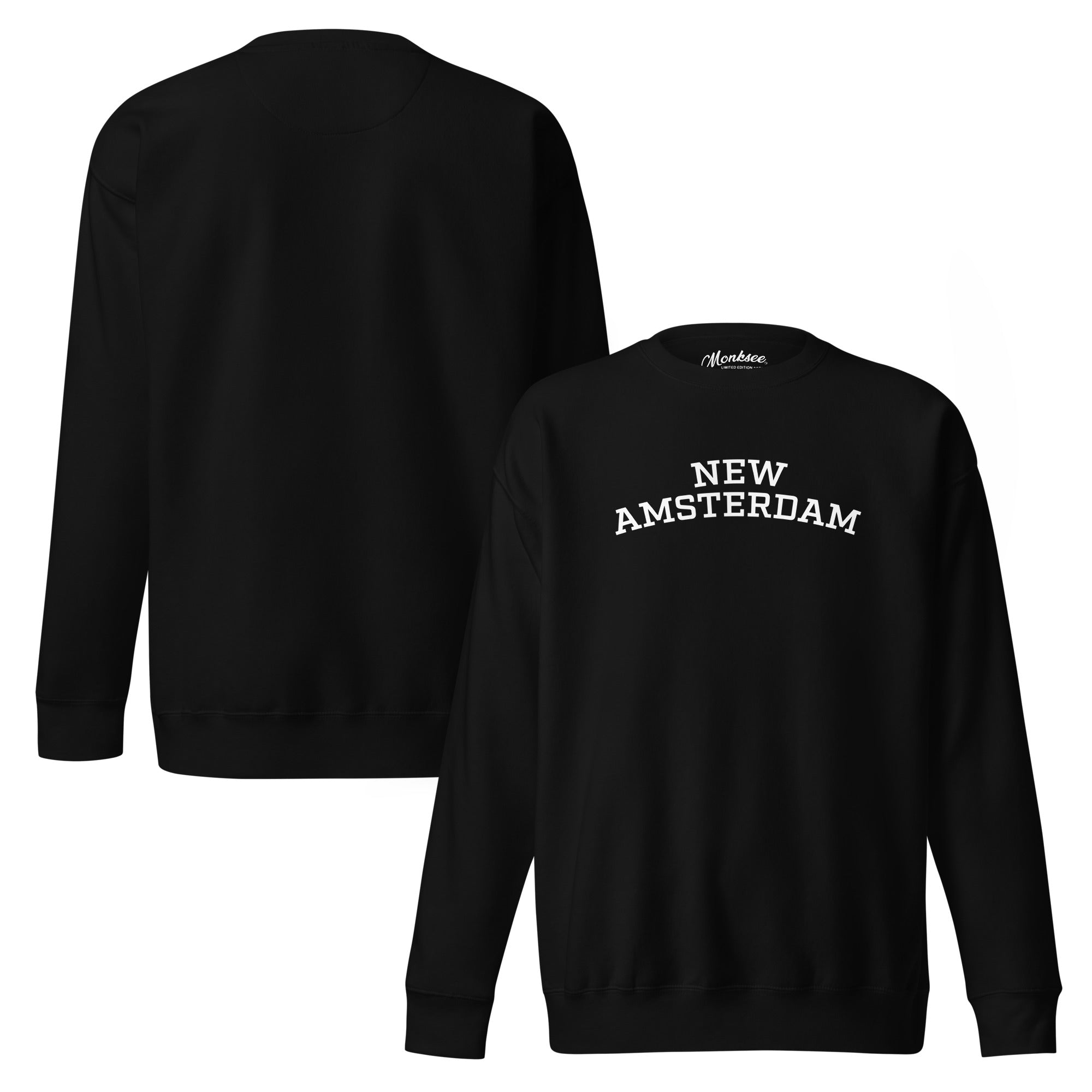Black sweatshirt with 'New Amsterdam' text on a white background