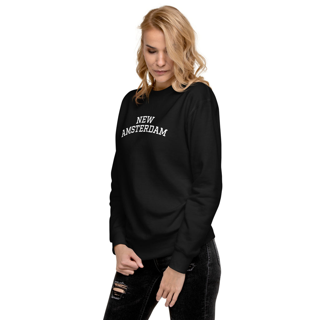 blonde female model wearing monksee new Amsterdam premium unisex sweatshirt