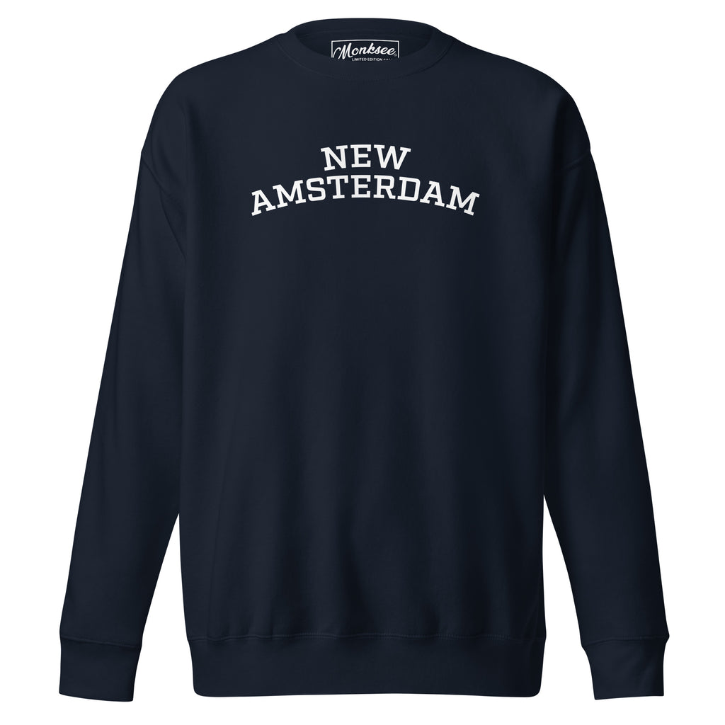 Monksee Navy blue sweatshirt with 'New Amsterdam' text on a white background