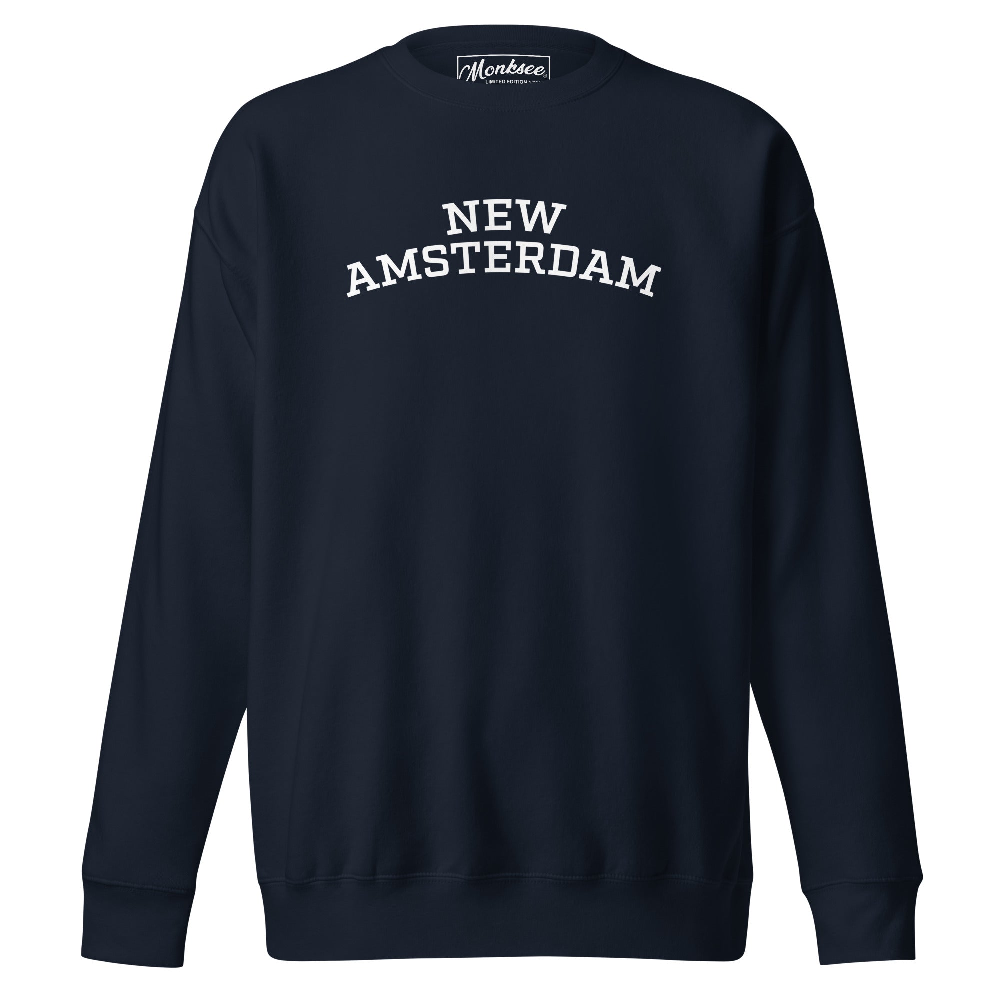 Monksee Navy blue sweatshirt with 'New Amsterdam' text on a white background