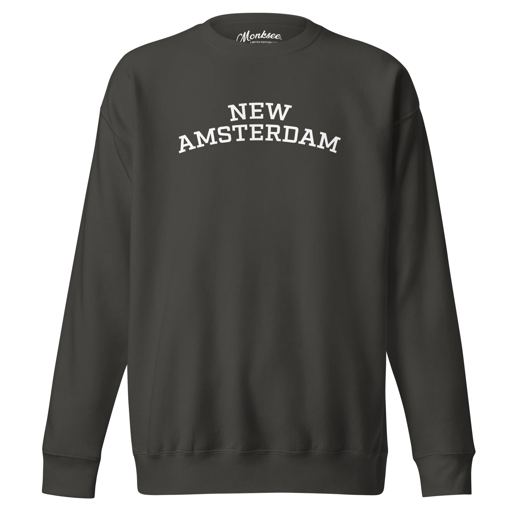 Black Monksee sweatshirt with 'New Amsterdam' text on a white background