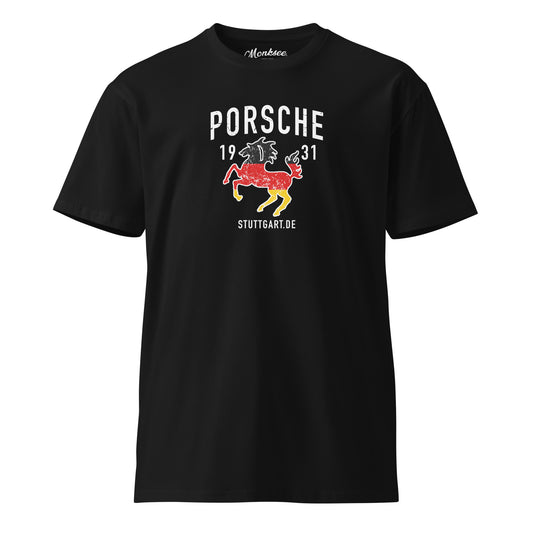 Front of black Monksee Porsche 1935 black premium t-shirt with porsche design featuring the porsche from the original porsche logo and 1935 in white with Stuttgart also in white