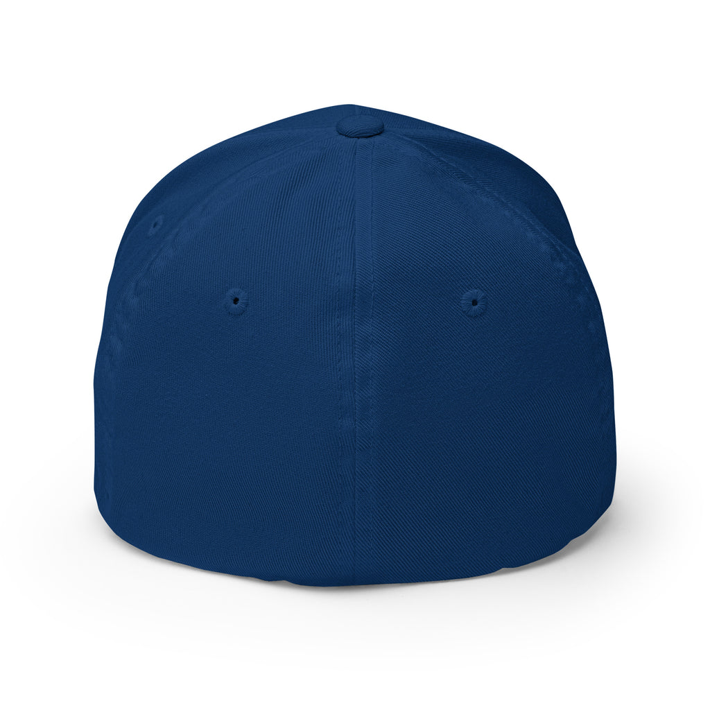 back view of blue Monksee Ramboghini flex fit closed back cap on white background