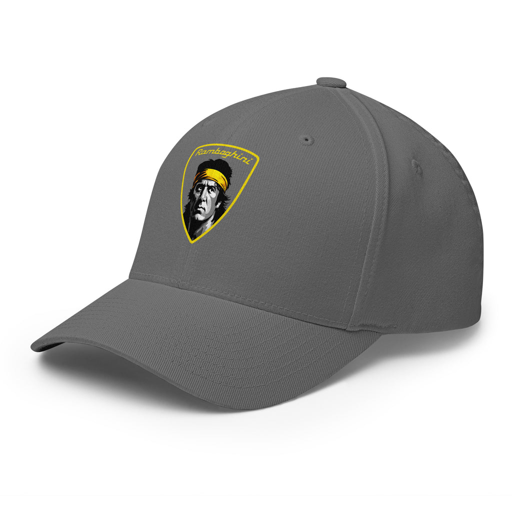 front left view of grey Monksee Ramboghini flex fit closed back cap on white background
