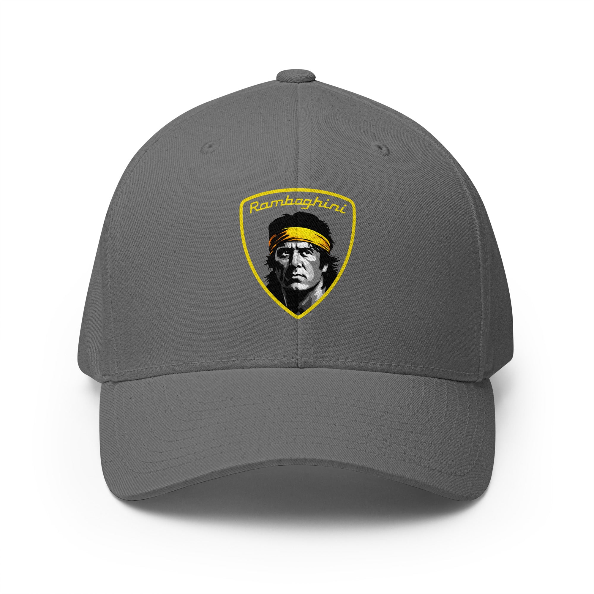 front view of Monksee Ramboghini flex fit closed back cap on white background