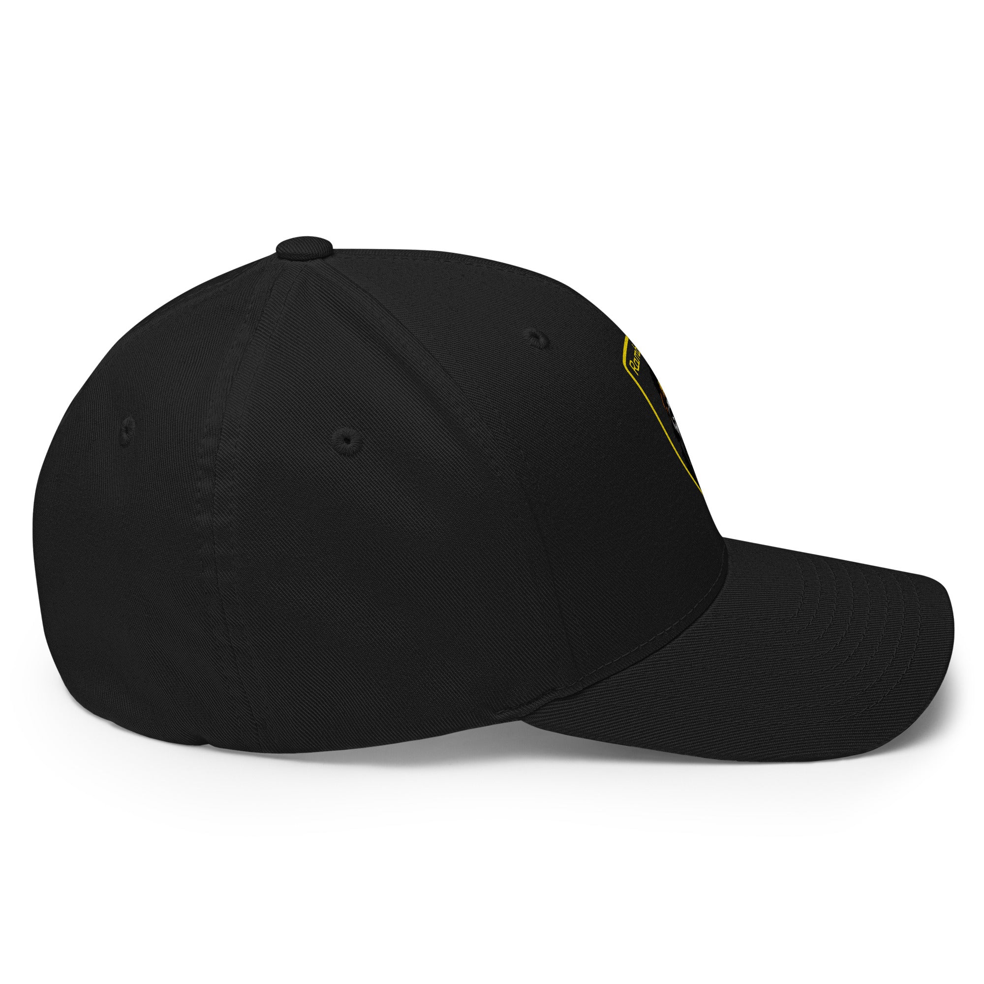 right side view of black Monksee Ramboghini flex fit closed back cap on white background