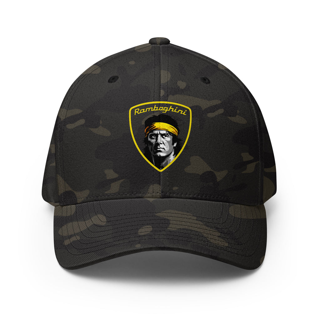 Multi camo Ramboghini flex fit cap, front view on white background
