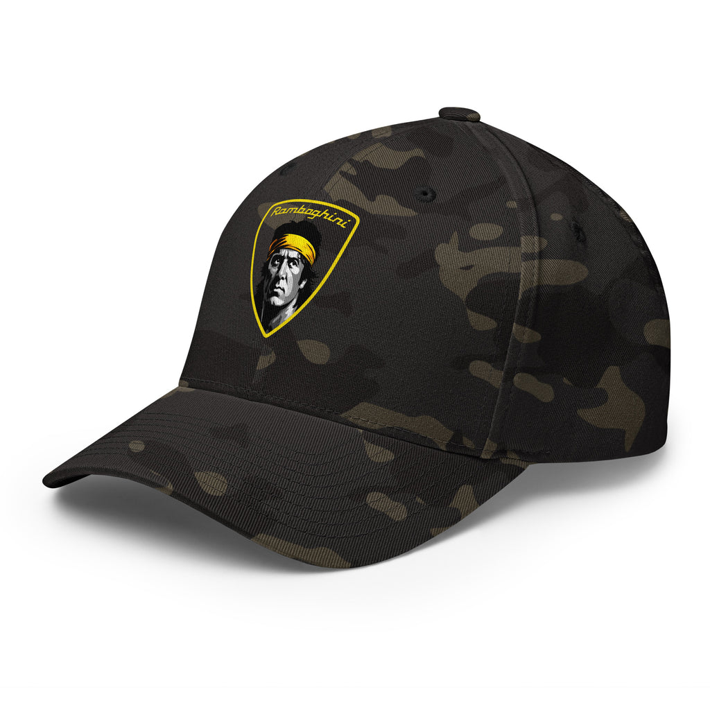 left front view of Monksee Ramboghini camo flex fit closed back cap on white background