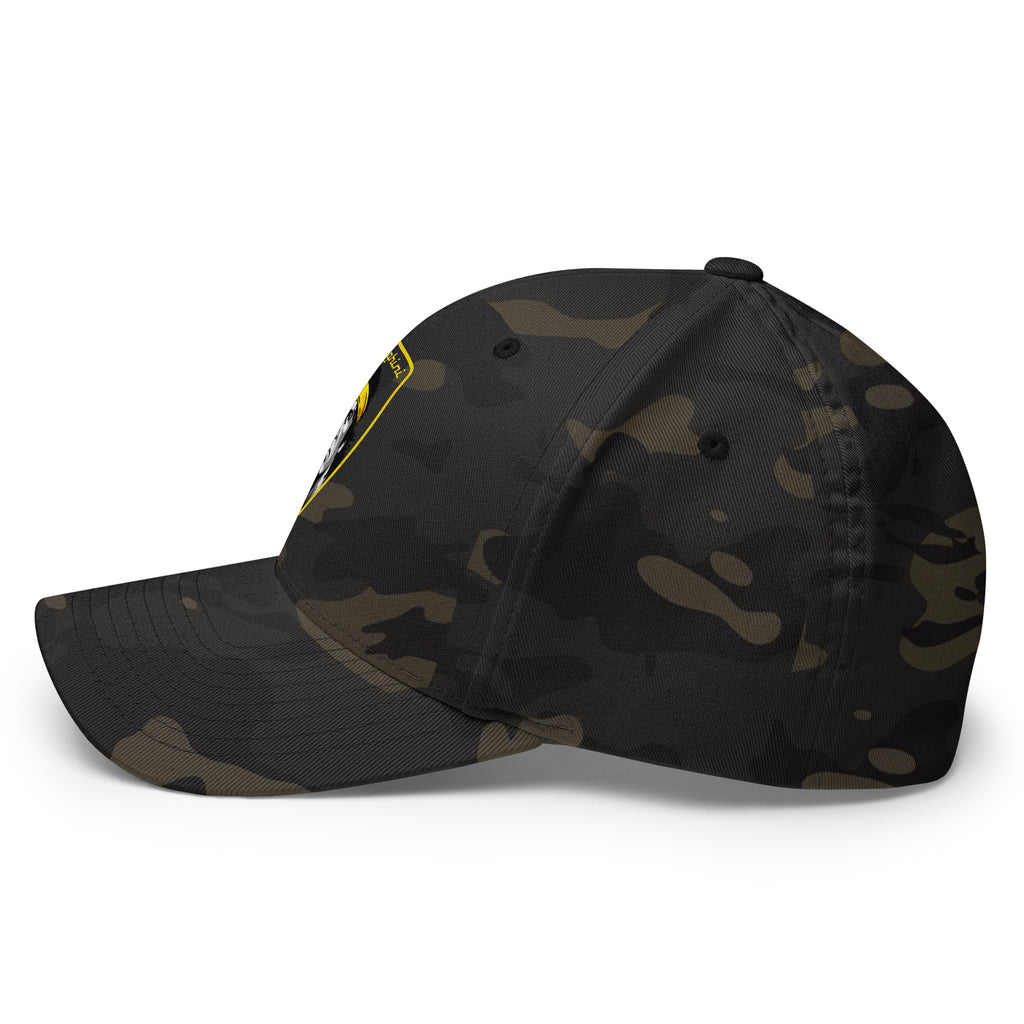 left side view of Monksee Ramboghini camo flex fit closed back cap on white background