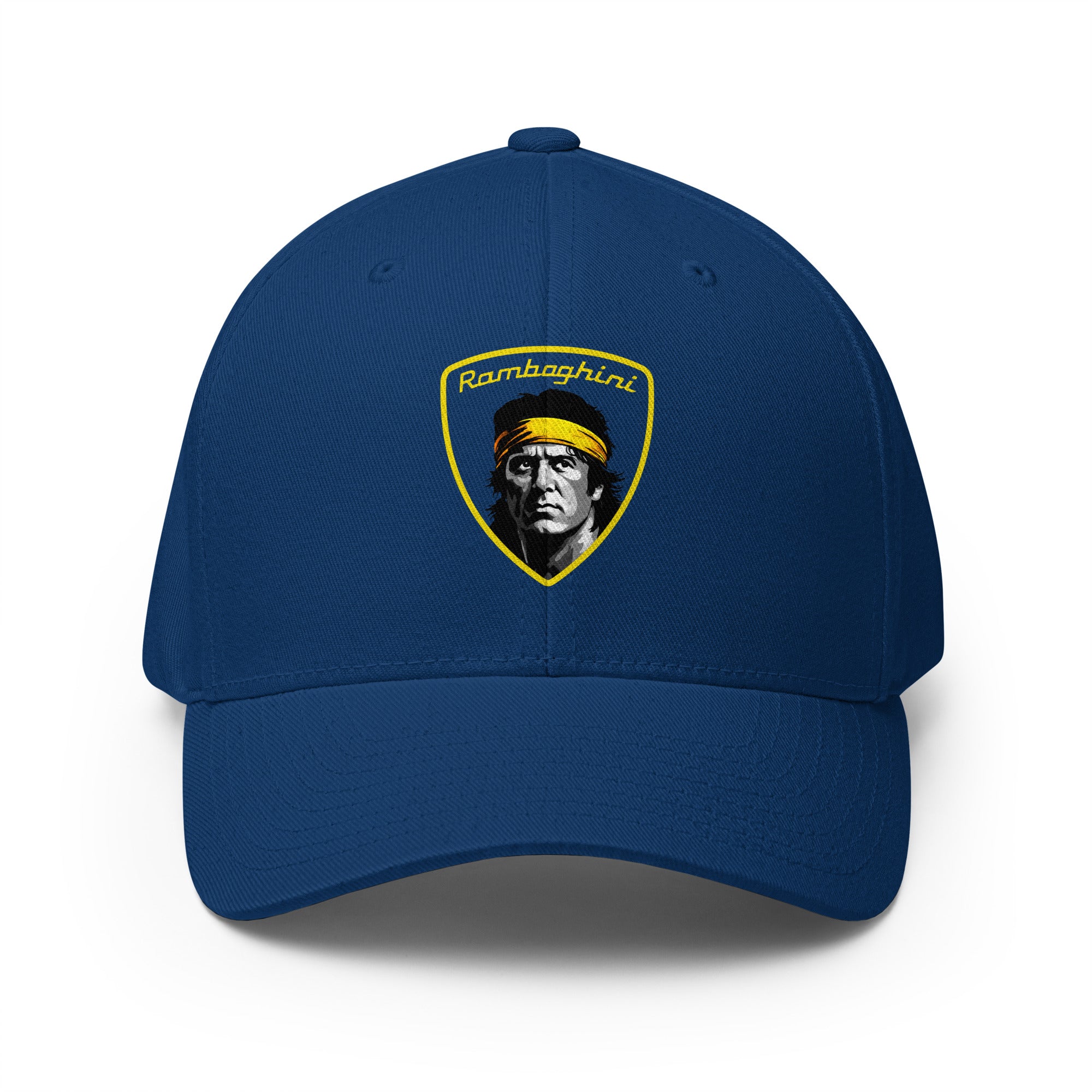 front view of Monksee Ramboghini flex fit closed back cap on white background