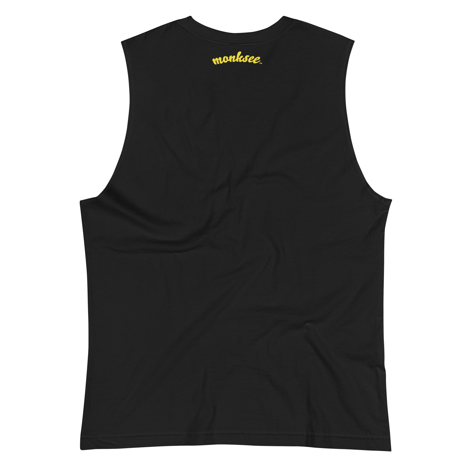 a flat image of a black monksee ramboghini muscle shirt featuring limited edition design. Back of muscle top on a white background