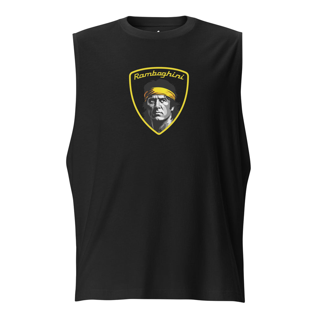 ghost image of a black monksee ramboghini muscle shirt featuring limited edition design on a white background