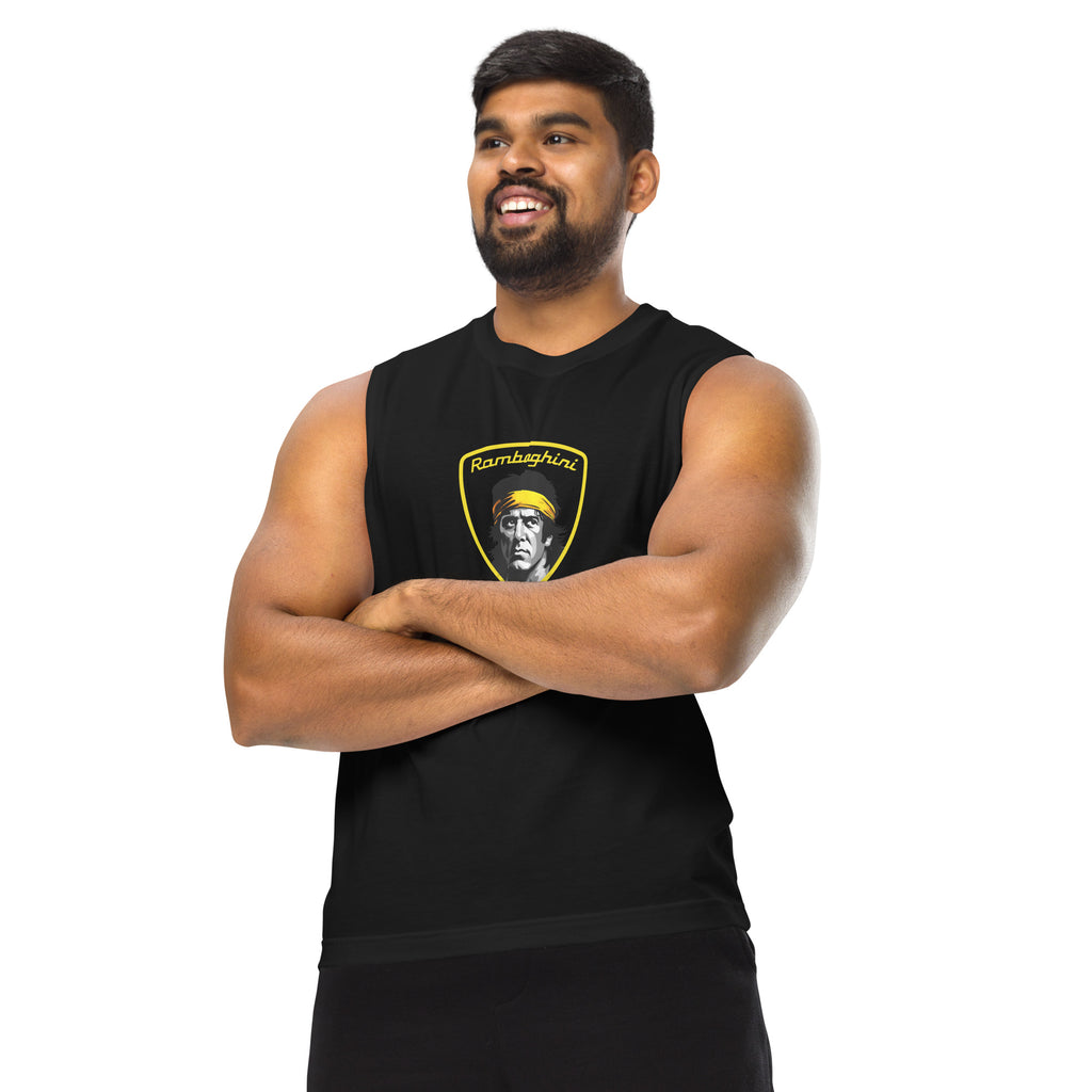 a male model wearing a black monksee ramboghini muscle shirt featuring limited edition design with his arms crossed. on a white background