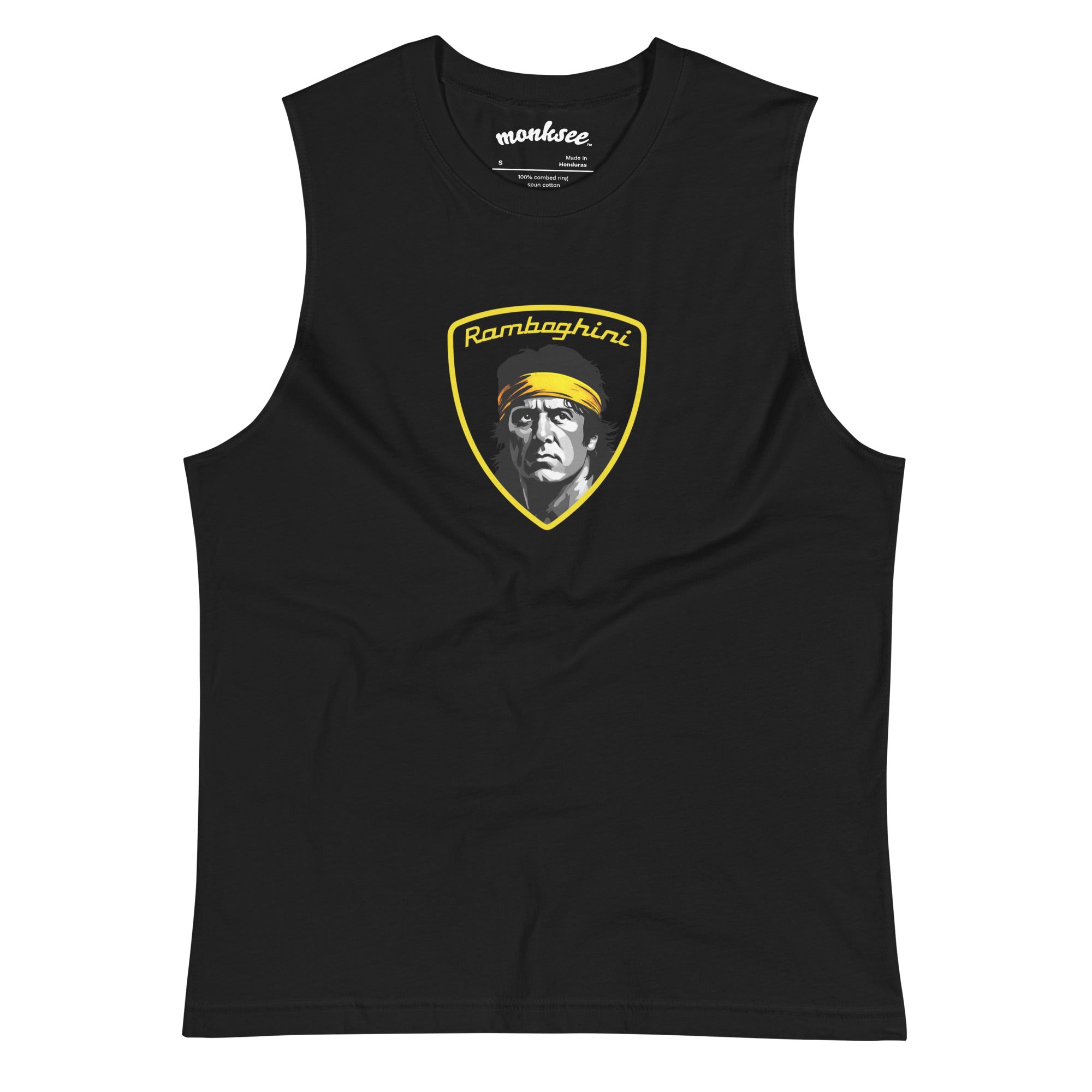 a black monksee ramboghini muscle shirt featuring limited edition design on a white background