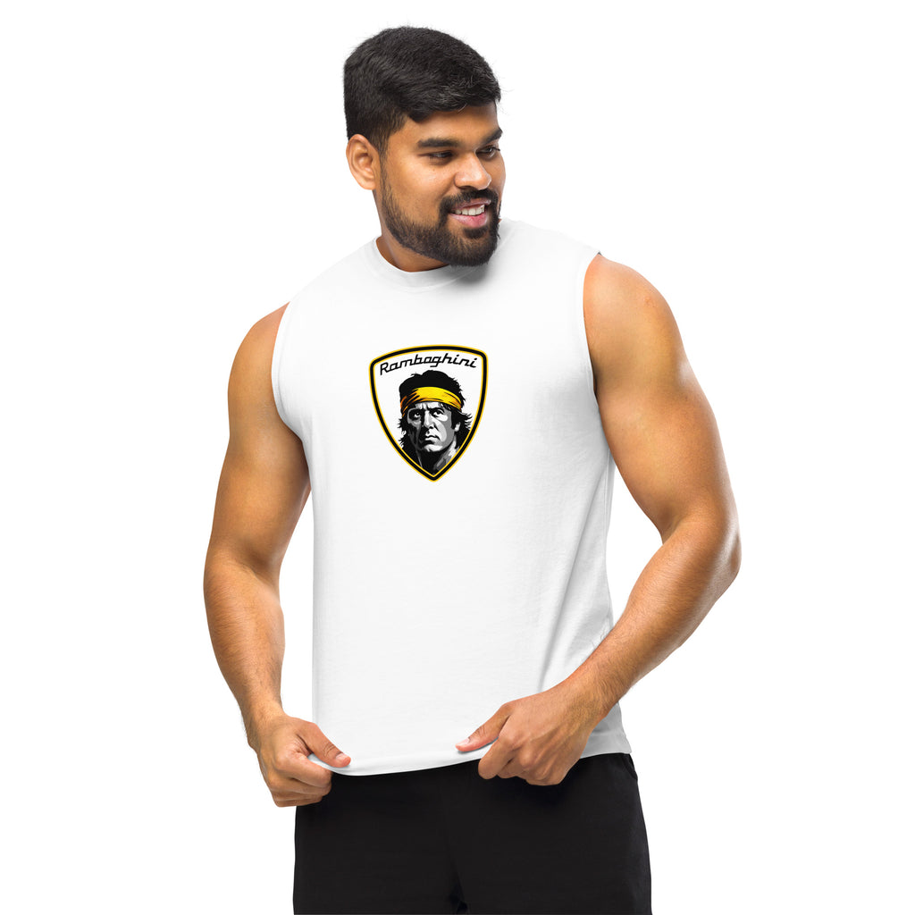 image of male model wearing a white monksee ramboghini muscle shirt featuring limited edition design. on a white background