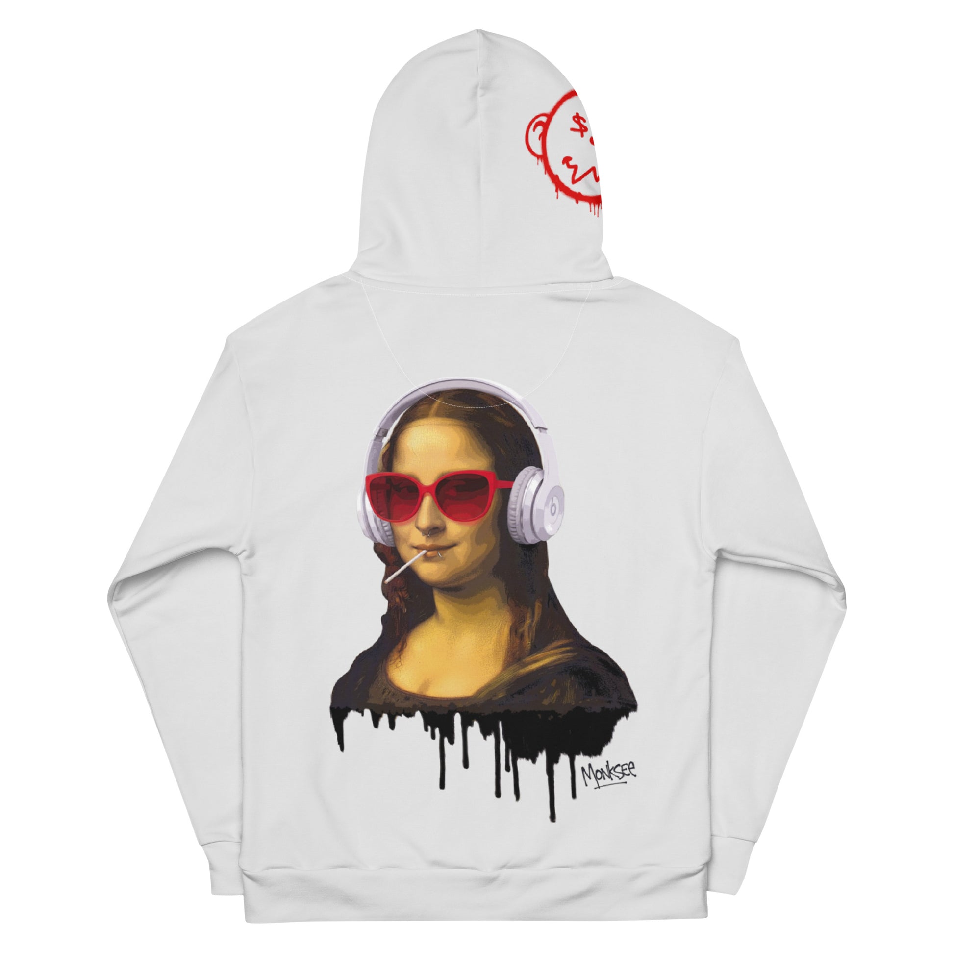 Chalk hoodie with Mona Lisa graffiti graphic wearing headphones and sunglasses on a white background
