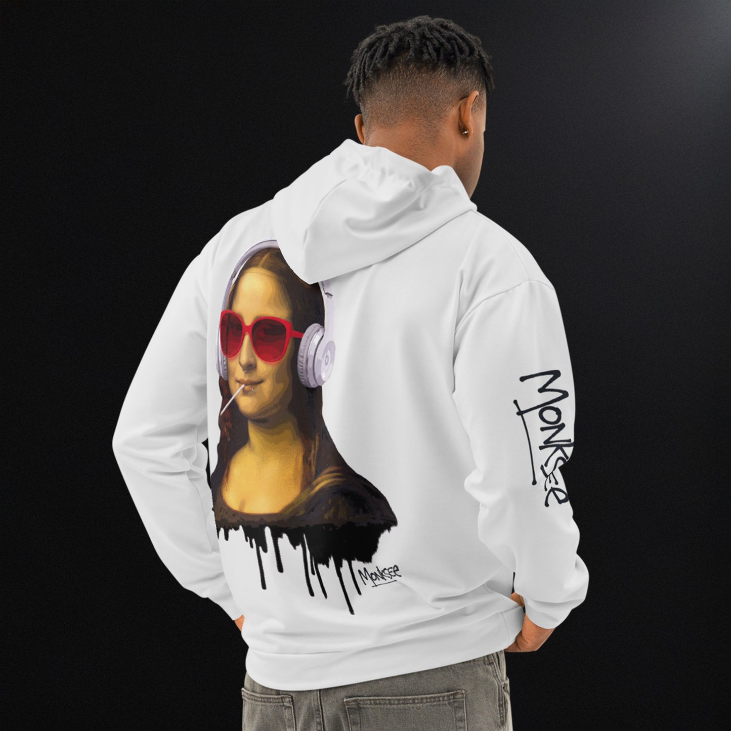 Person wearing a chalk hoodie with a Monksee Mona Lisa graphic and 'Mona' text on the back.