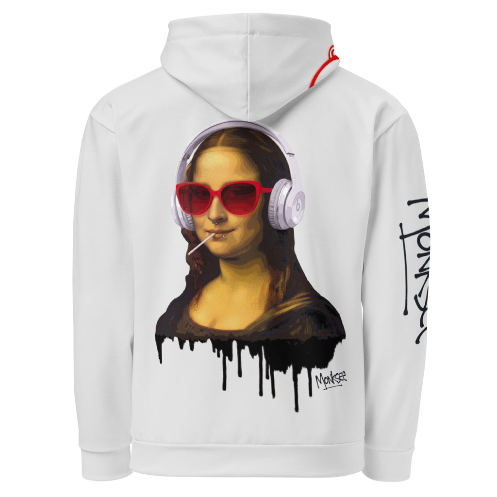 Chalk Monksee hoodie with Mona Lisa graffiti graphic wearing headphones and red sunglasses on a white background