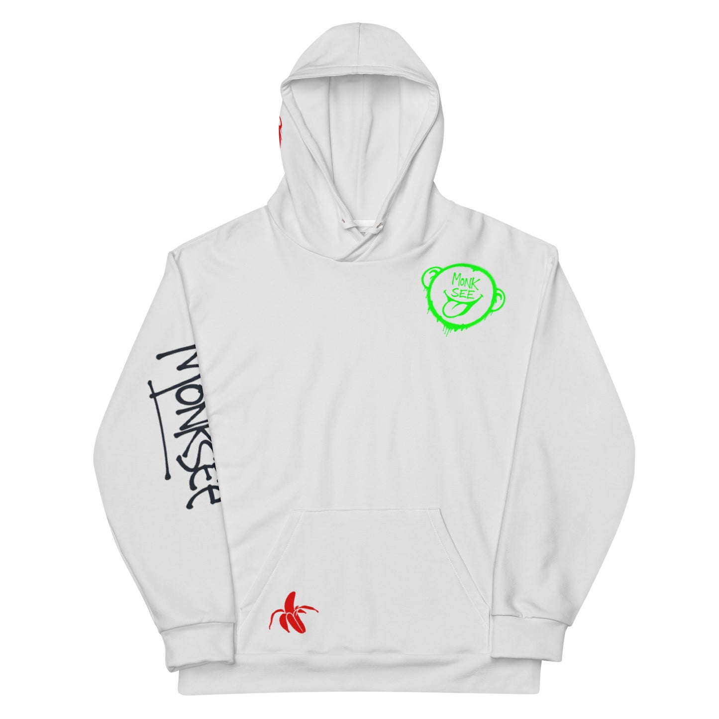 Chalk hoodie with various Monksee graphics on a white background