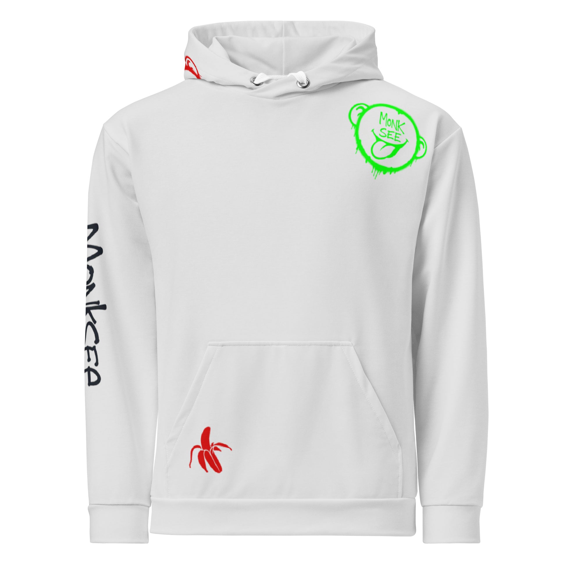 Chalk hoodie with colorful monksee graffiti graphics and text on a white background