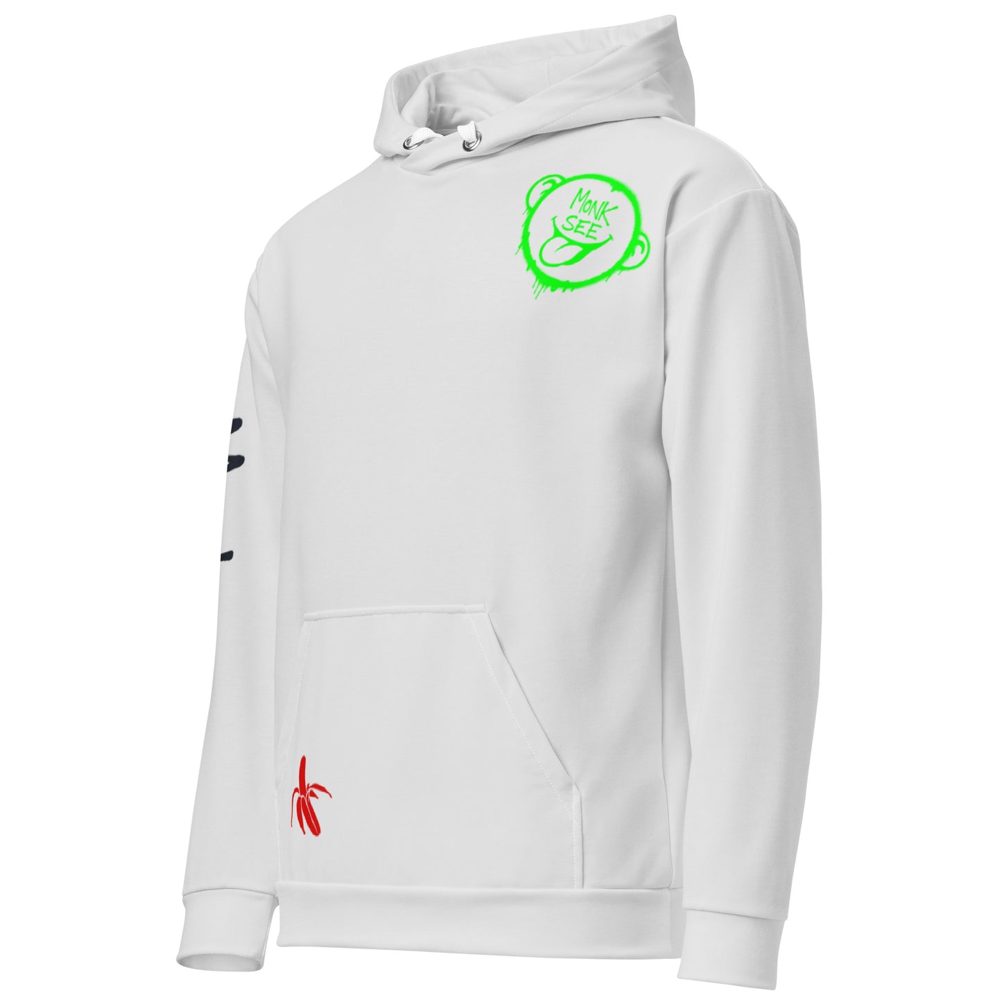Chalk hoodie with green and red Monksee graphics on a white background