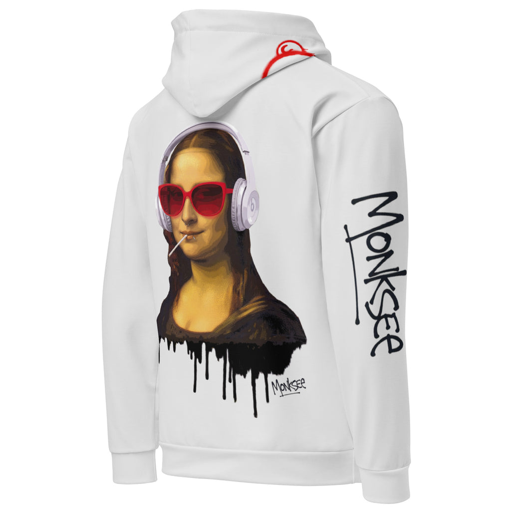 Chalk hoodie with Mona Lisa graffiti graphic, red sunglasses, and 'MONKSEE' branding on a white background