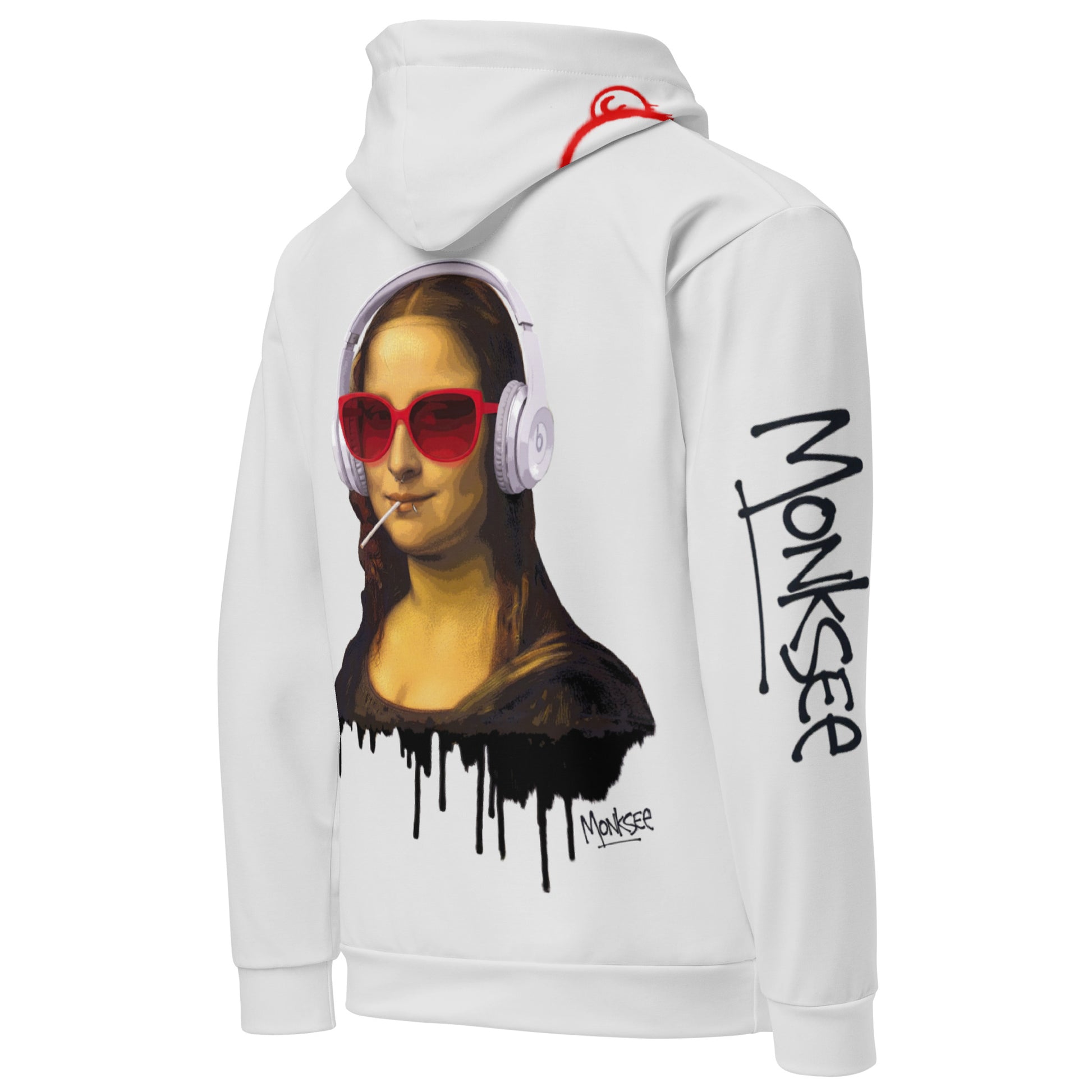 Chalk hoodie with Mona Lisa graffiti graphic, red sunglasses, and 'MONKSEE' branding on a white background