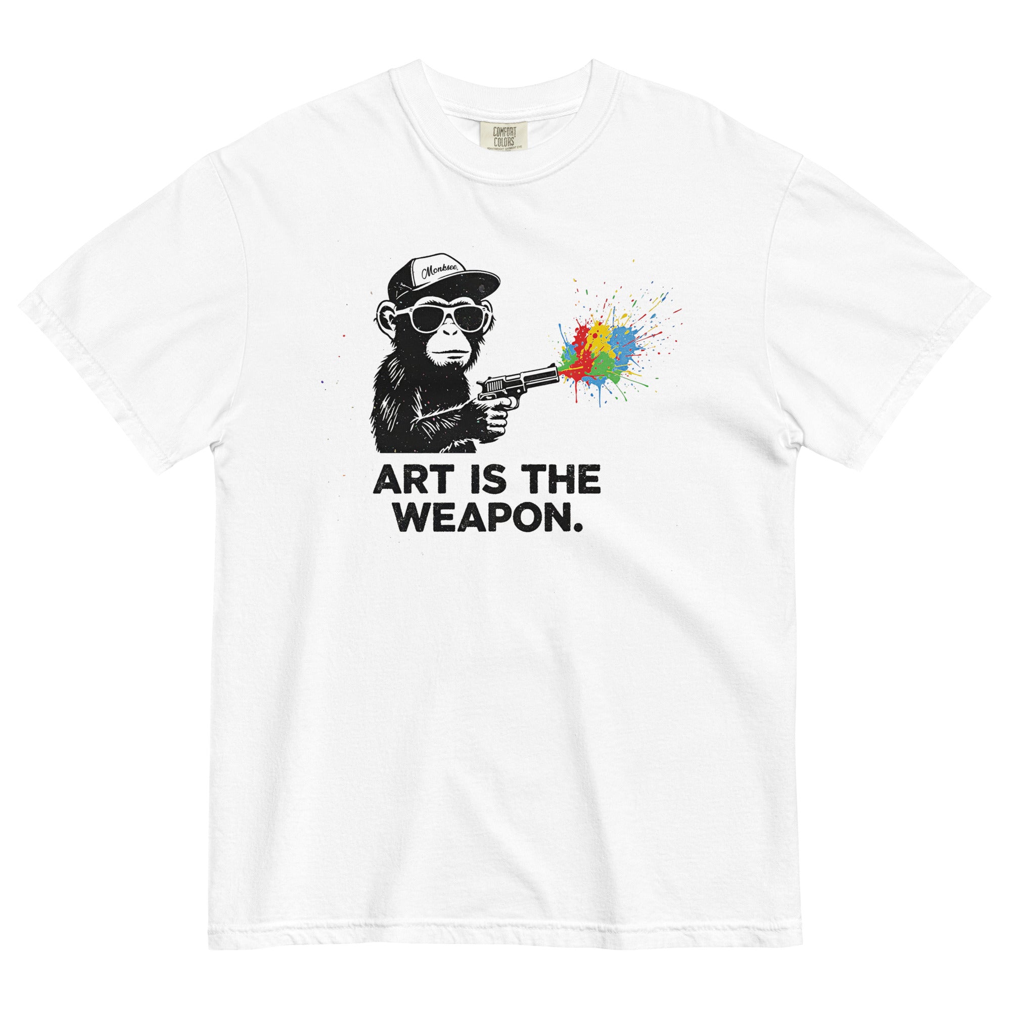 Monksee white t-shirt with stencil graphic of a chimpanzee firing a gun with spray paint coming out with caption Art is the Weapon. On a white background