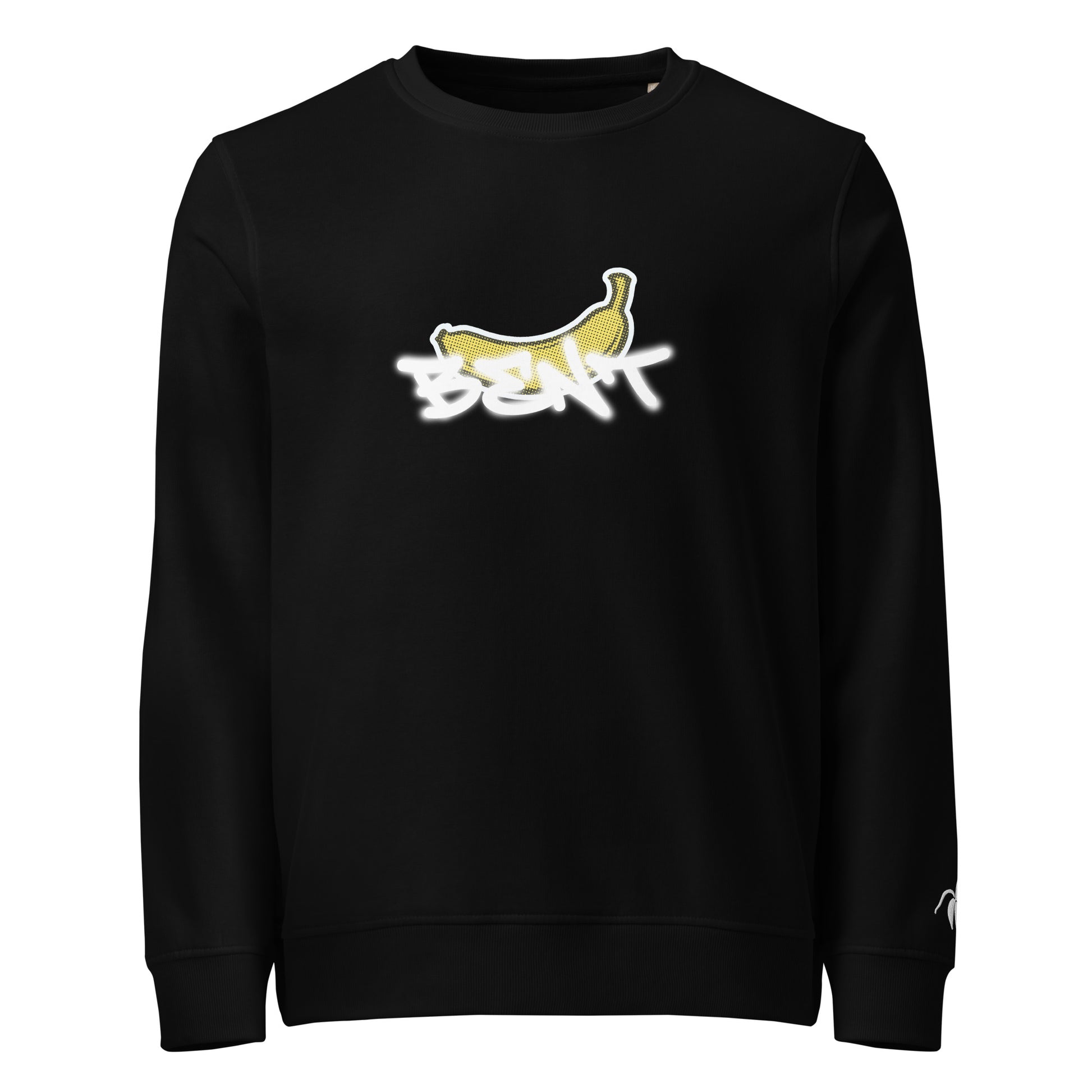 Monksee rude banana design on front of organic black sweatshirt