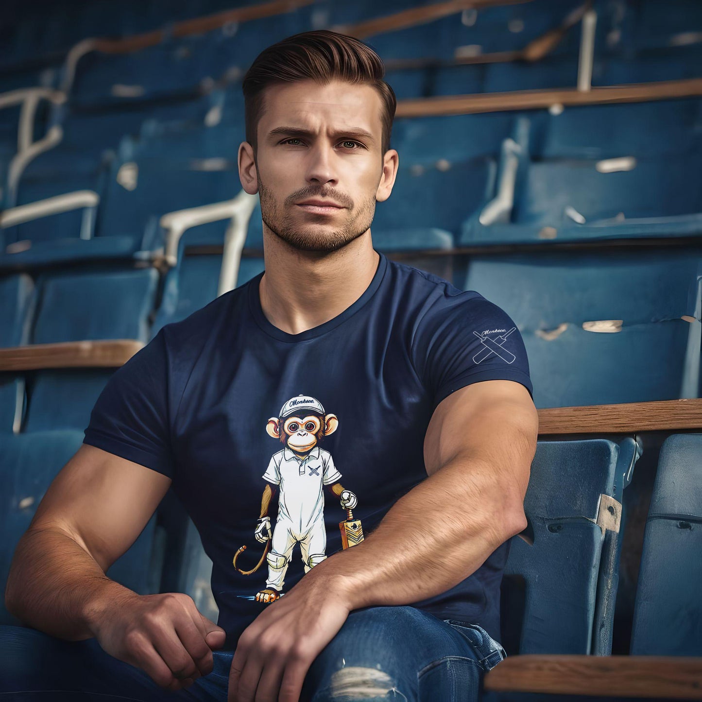 man wearing monksee cricket navy cotton tshirt