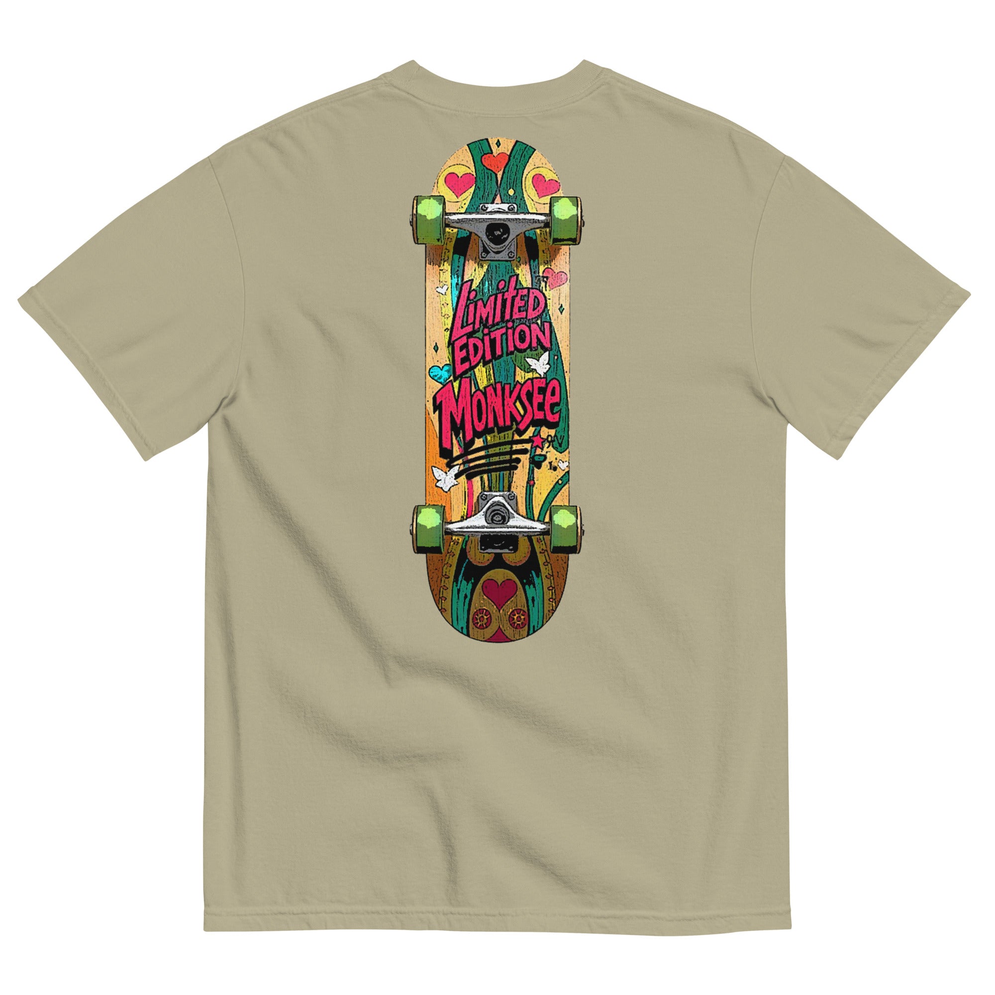 back of khaki monksee deck garment dyed t-shirt on a white background