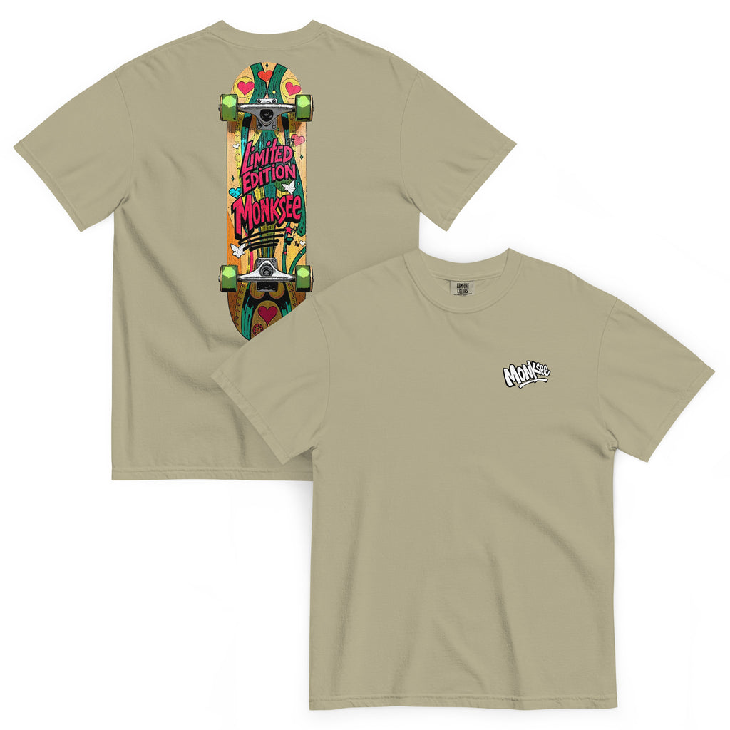front and back shots of Monksee khaki deck garment dyed tshirt on white background. Features Monksee 'Scratch' logo on front and Monksee skateboard on the back