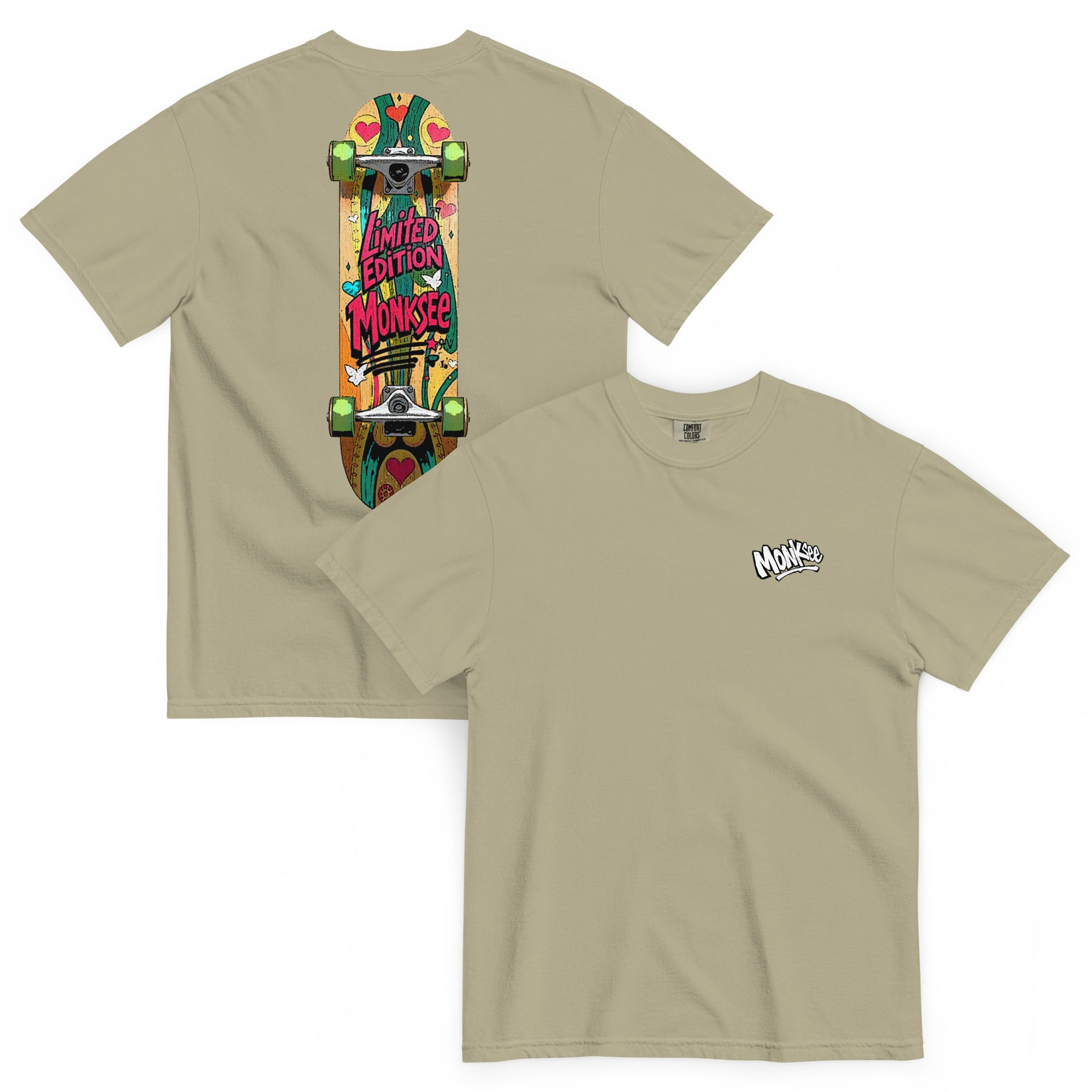 front and back shots of Monksee khaki deck garment dyed tshirt on white background. Features Monksee 'Scratch' logo on front and Monksee skateboard on the back