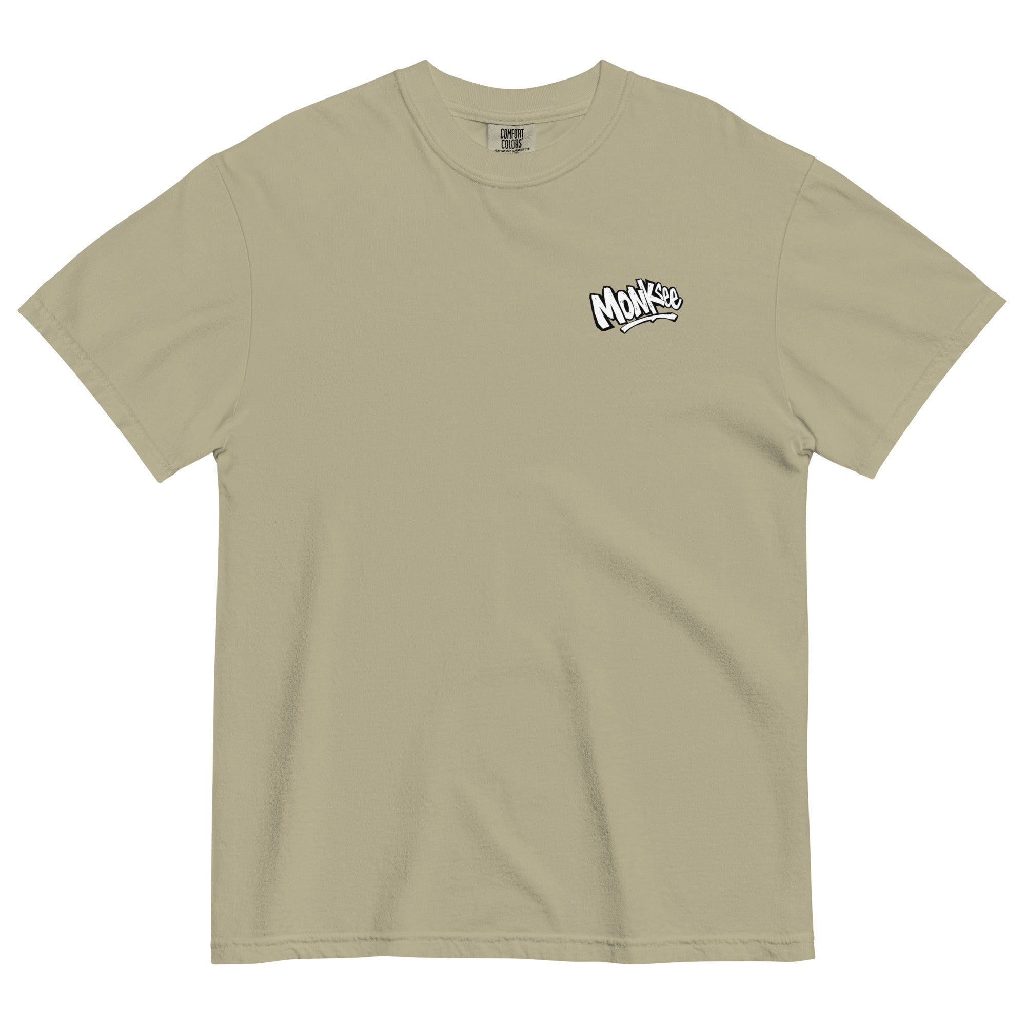 front of Monksee Deck skateboard garment dyed khaki t-shirt on white background
