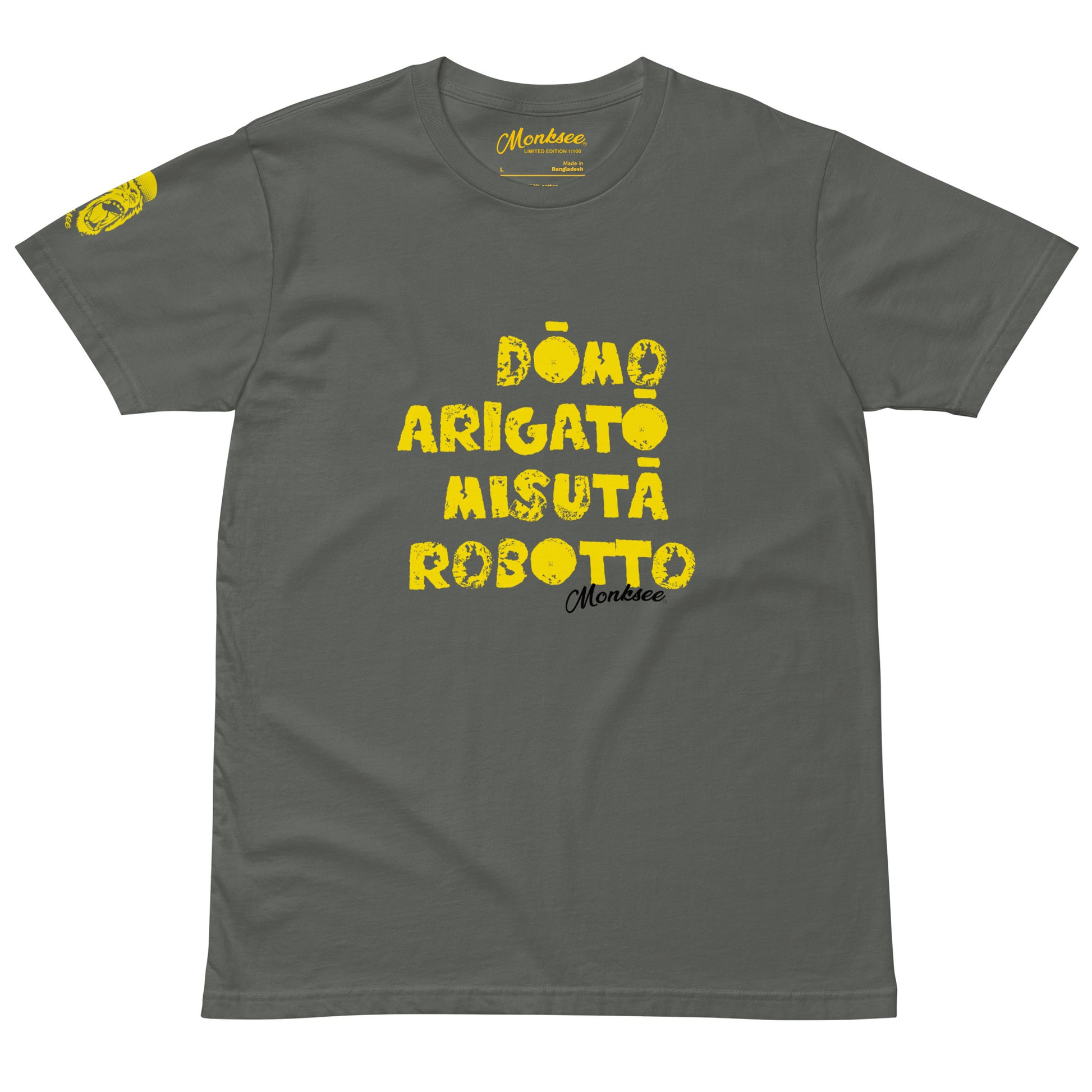 grey Monksee domo arigato mr robotto premium cotton tshirt front