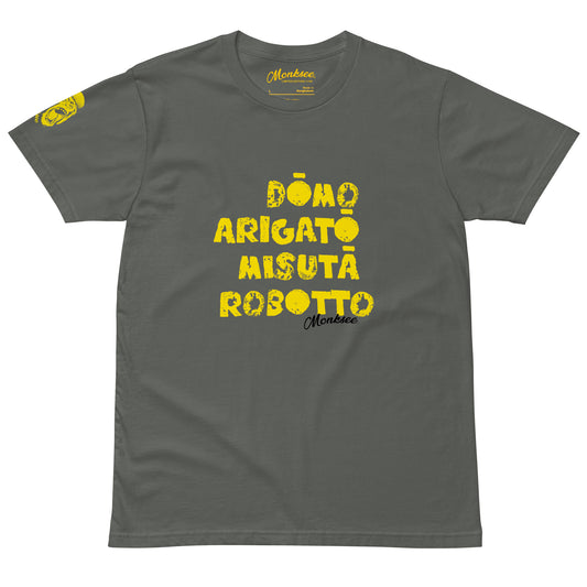 grey Monksee domo arigato mr robotto premium cotton tshirt front