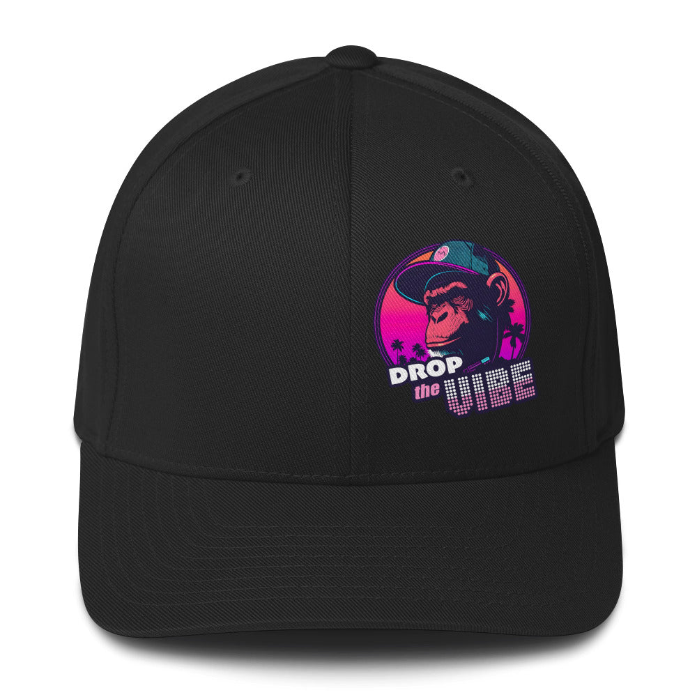 The front of the Monksee "Drop the Vibe" black cap with logo on front left. On white background